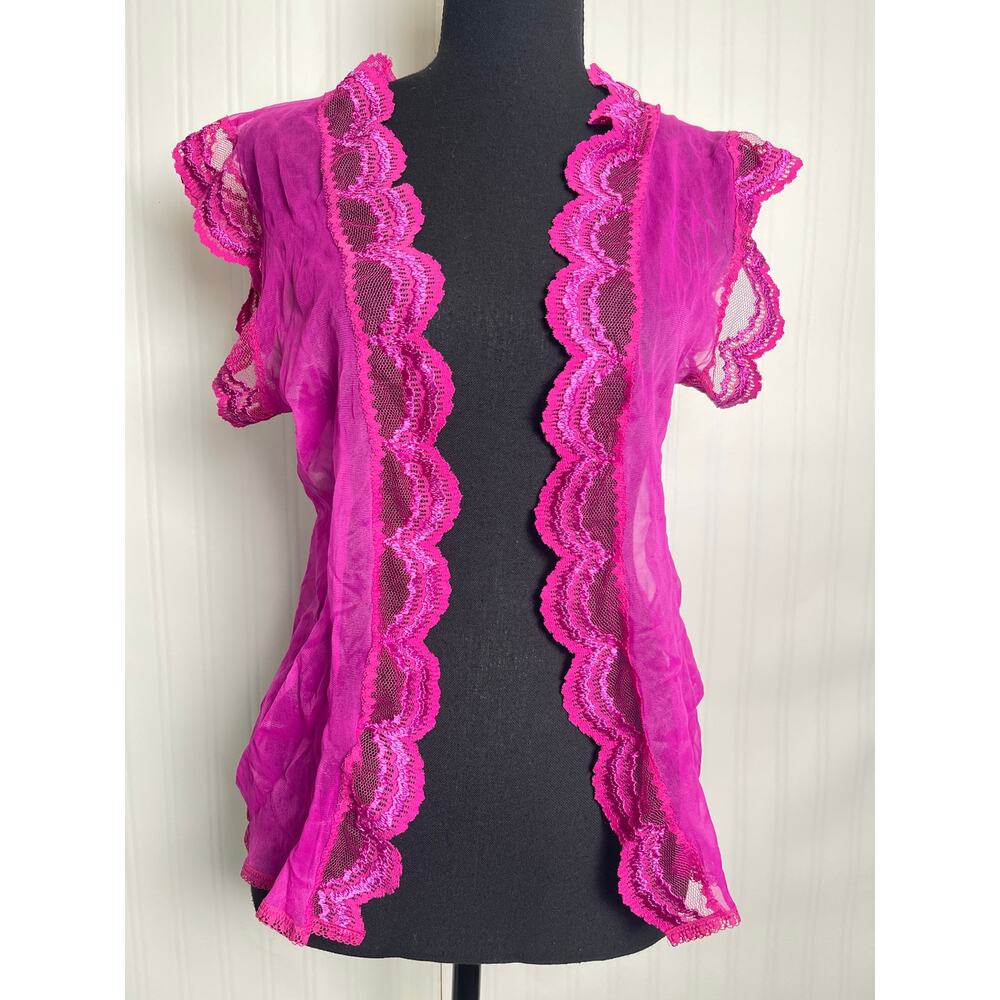 Woolite Sheer Lace Hem Short Open Cardigan Womens Size Medium Hot Pink VTG Fairy